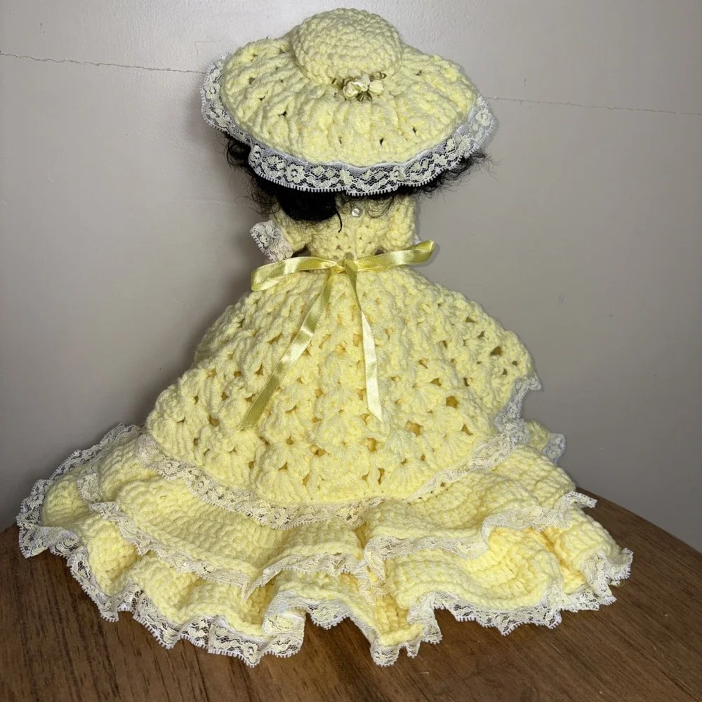 Vintage Crochet Doll Handmade Yellow Dress